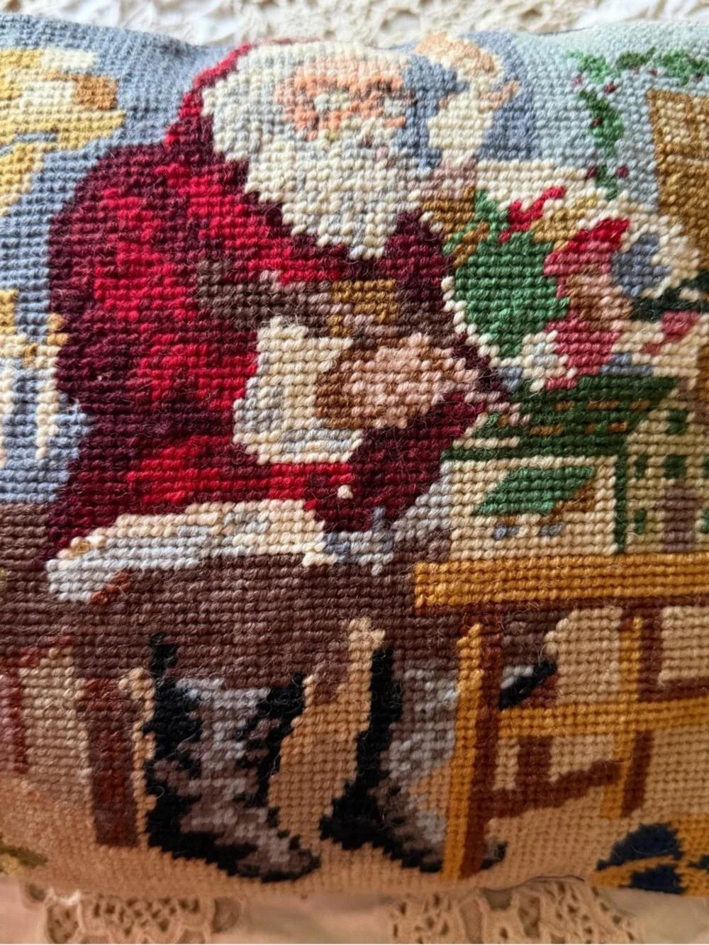 Vintage Needlepoint Santa Pillow Christmas Cushion 9.5” Blue Velvet